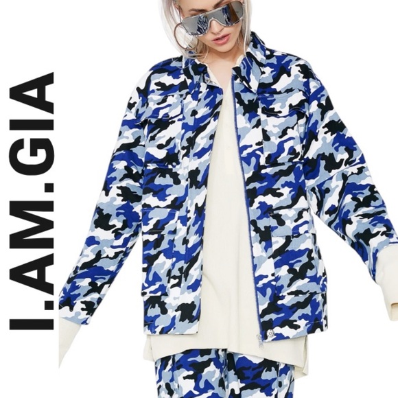 I.AM.GIA ROYAL BLUE CAMOFLAUGE TARANTINO OVERSIZED UTILITY JACKET - Picture 1 of 13